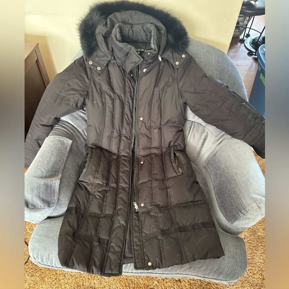 Jones New York Black Puffer Coat with Fur Hood